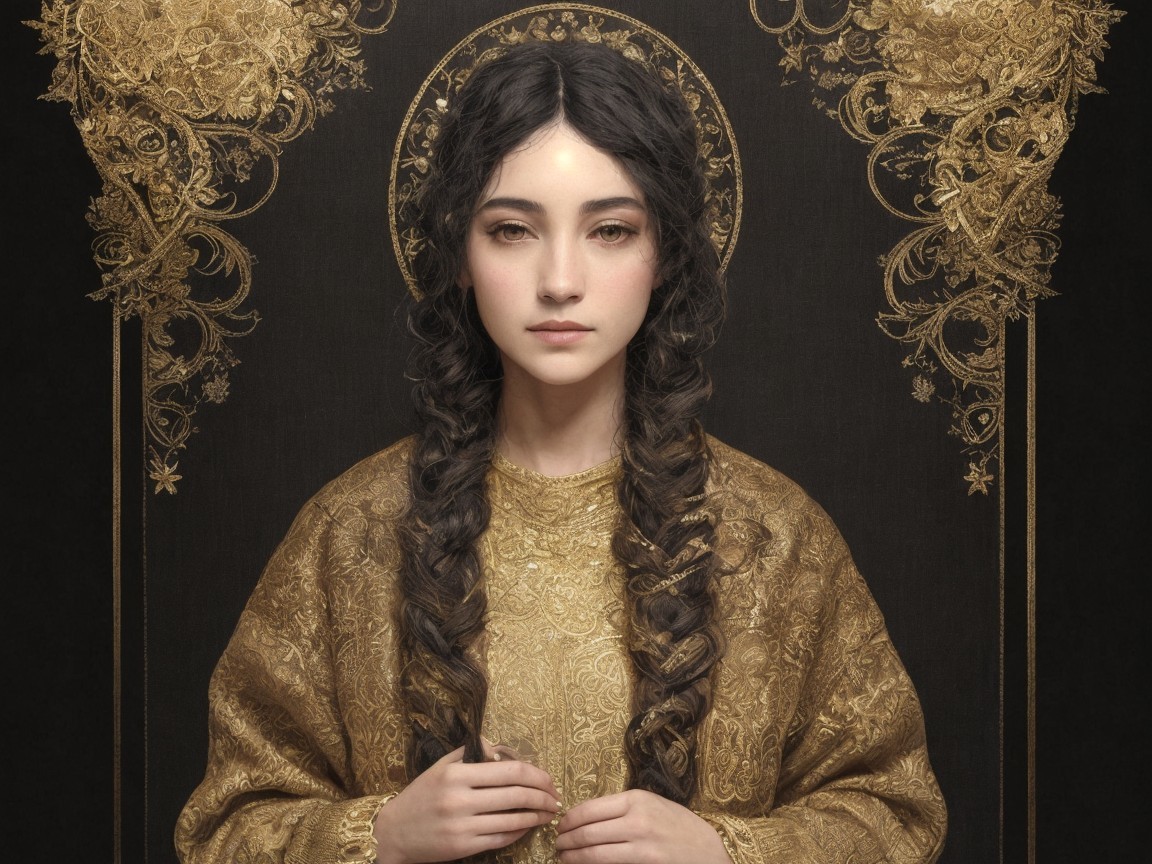 Young woman in ornate golden garment with braids