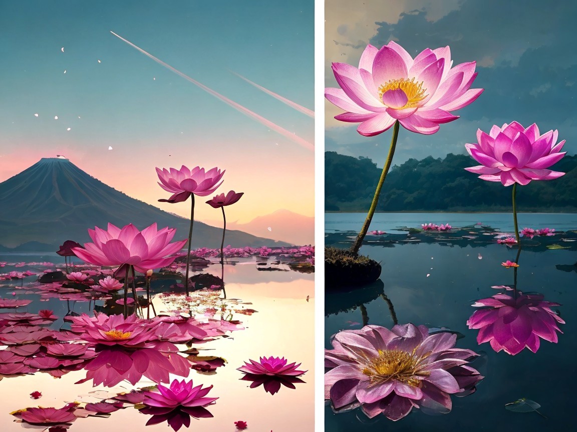 Vibrant Lotus Flowers on Tranquil Water Landscape