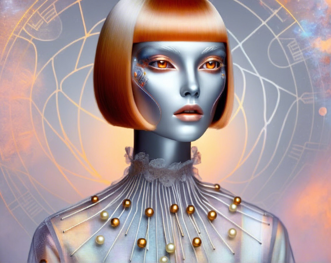 Futuristic figure with metallic skin and orange eyes
