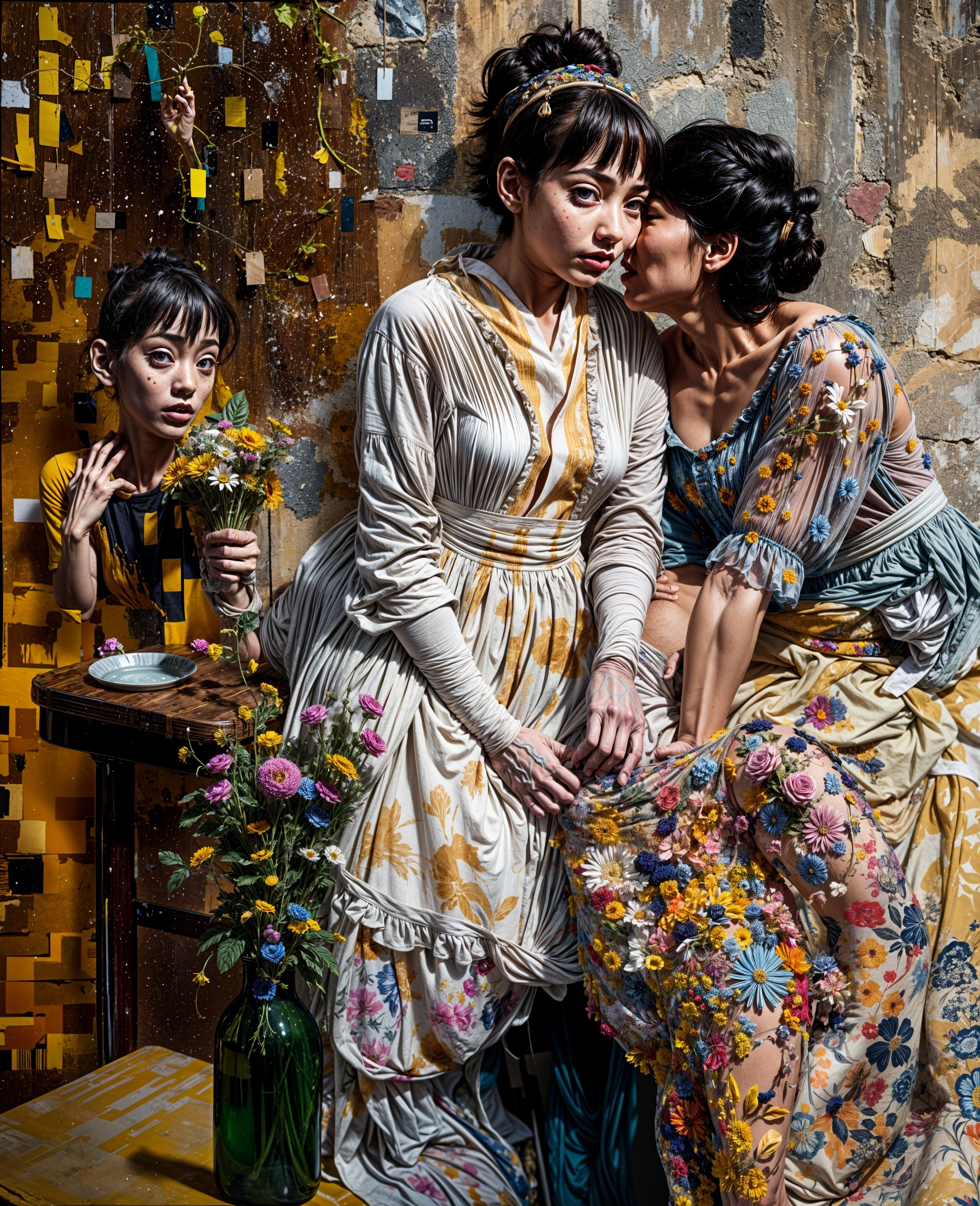 Three Women in Colorful Dresses by a Patterned Wall