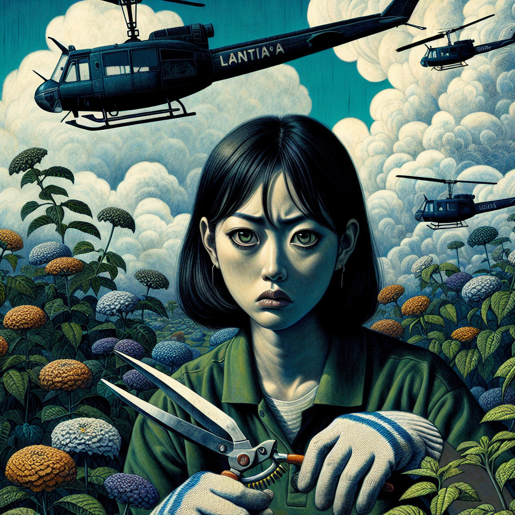 Young Woman with Gardening Shears in Colorful Garden