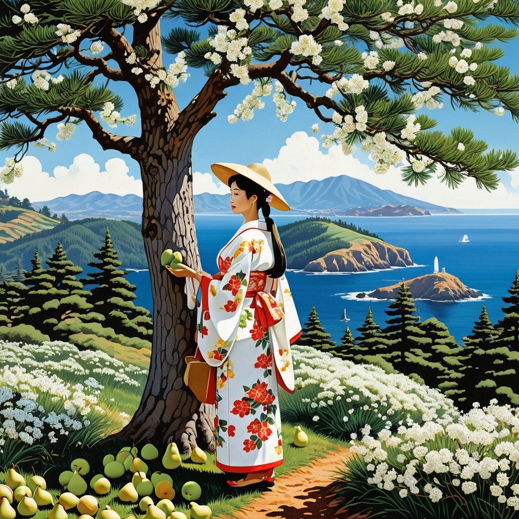 Woman in Traditional Attire by Blossoming Tree