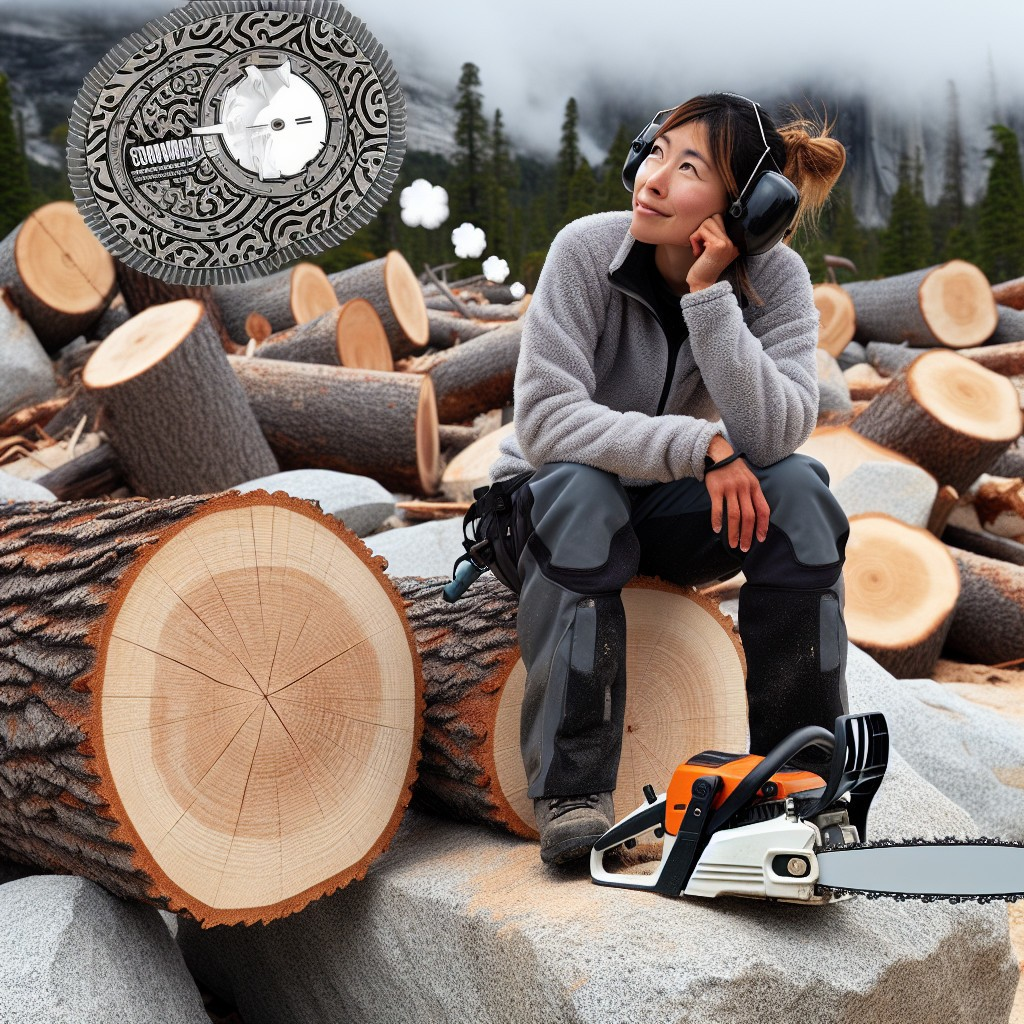 Woman in forest clearing with chainsaw and stumps