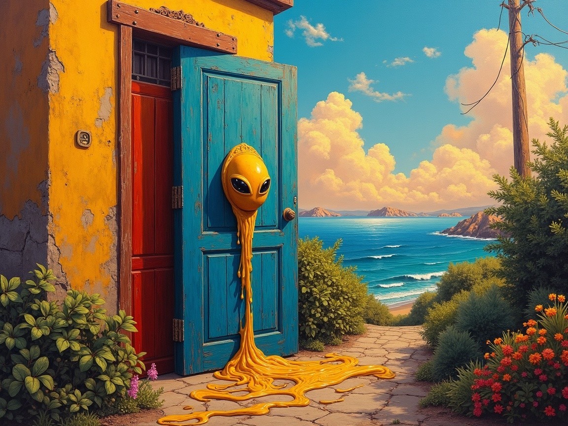 Surreal Alien Face and Colorful Door Scene