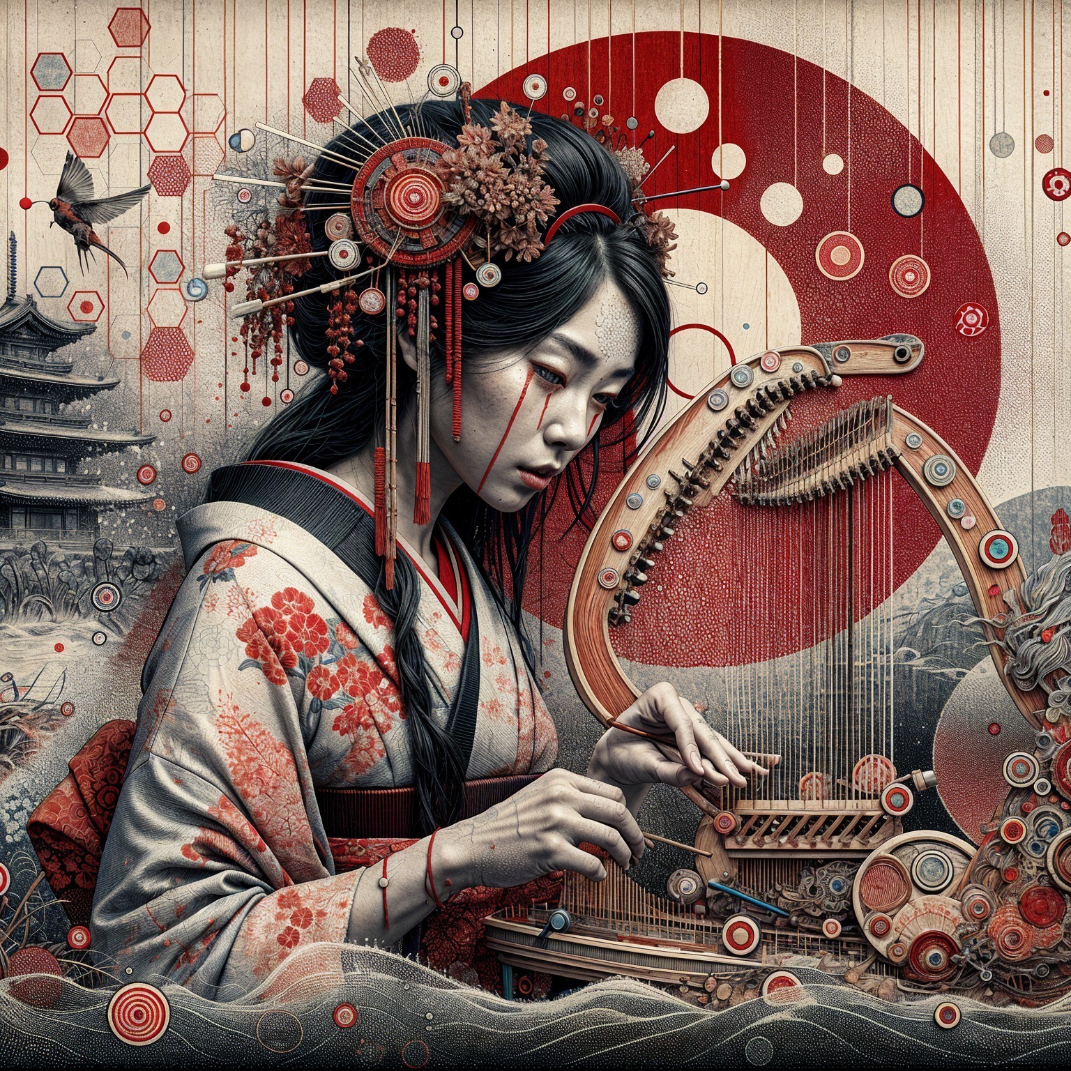 Woman in Kimono Playing Koto with Cultural Elements