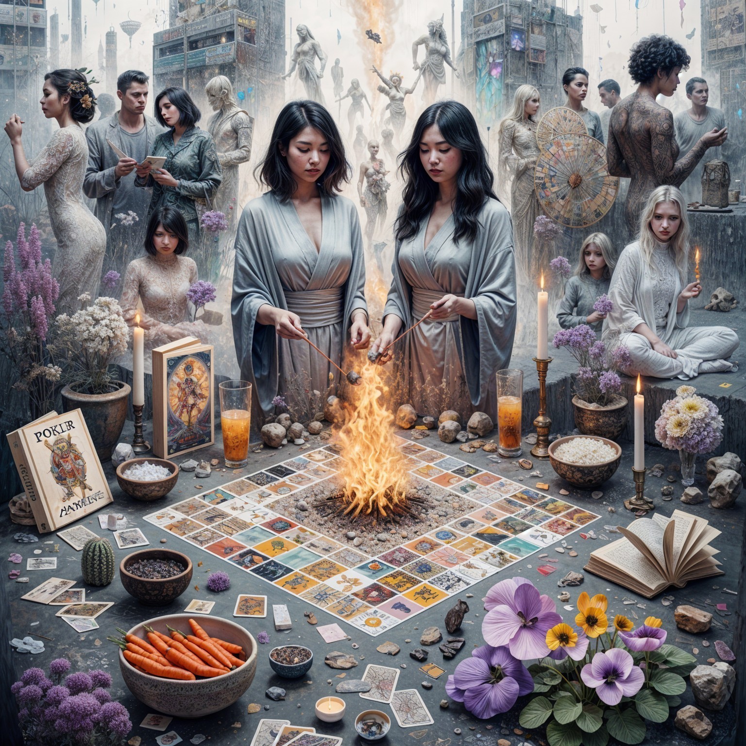 Women in Robes by a Fire in a Mystical Gathering