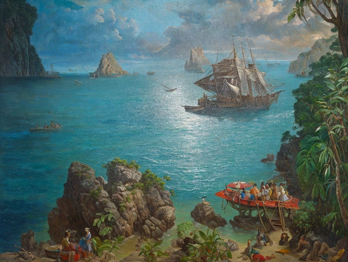 Coastal Scene with Blue Sea and Red Boat on Shore