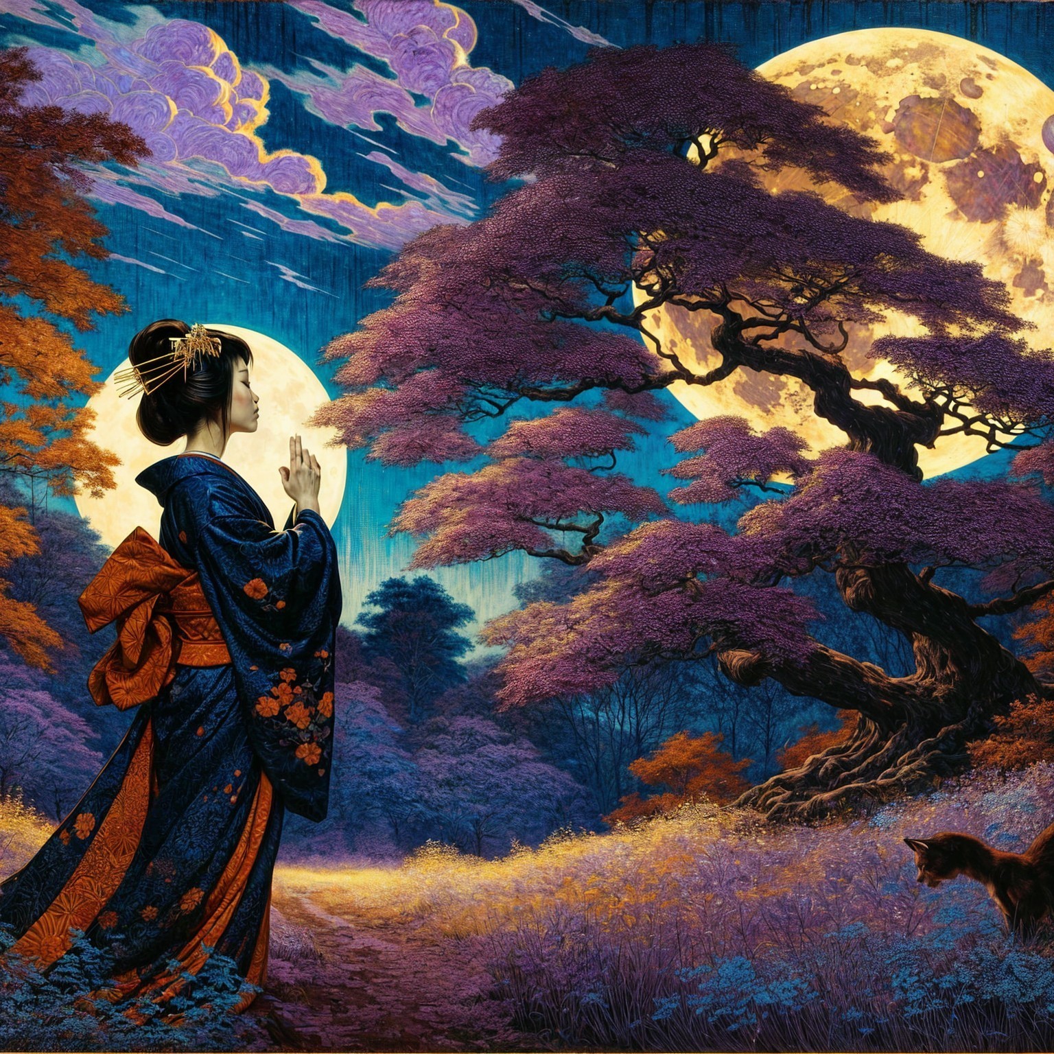 Woman in Kimono Praying Under Two Glowing Moons