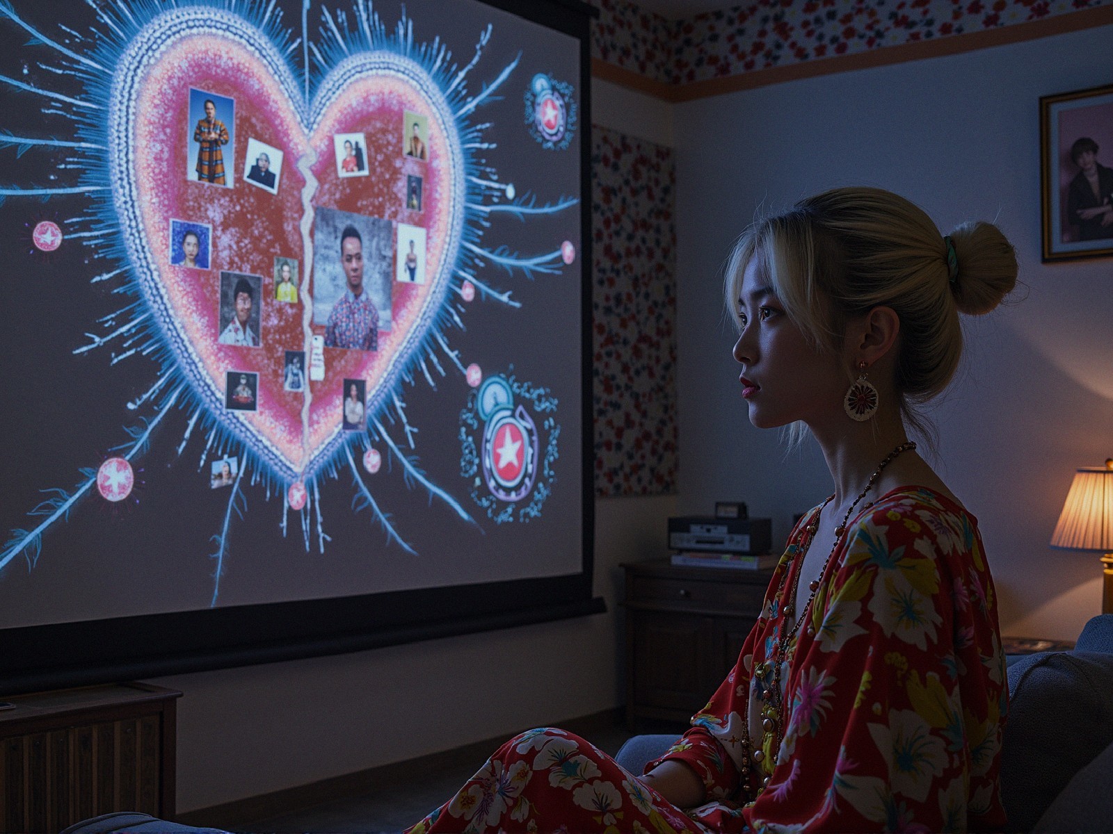 Young woman in floral outfit gazes at heart projection