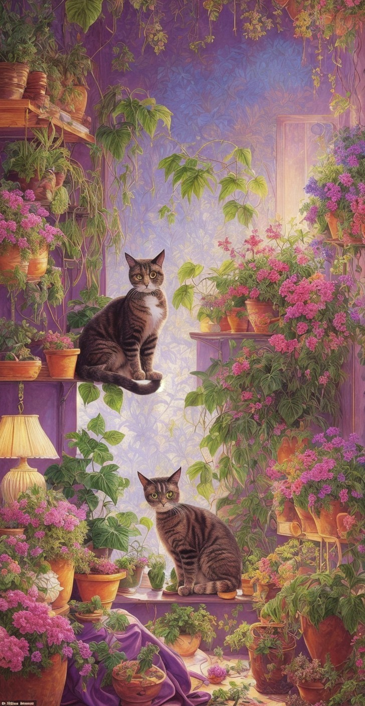 Cozy Room with Tabby Cats and Lush Greenery