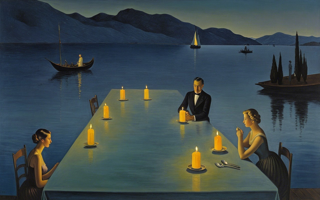 Twilight Dinner Scene by a Calm Lake with Figures