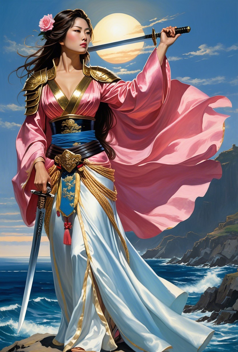 Warrior on Rocky Shore with Sword and Moonlight