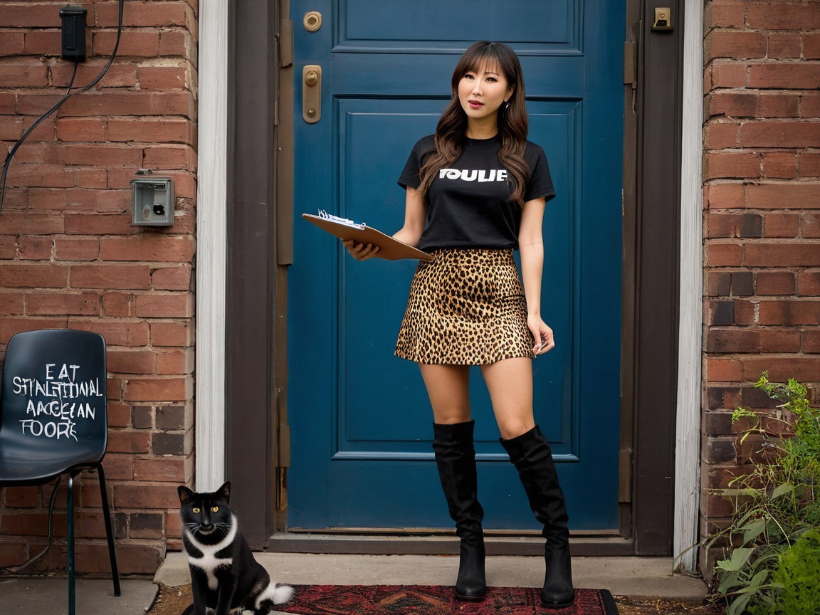 Stylish Woman in T-Shirt and Leopard Print Skirt