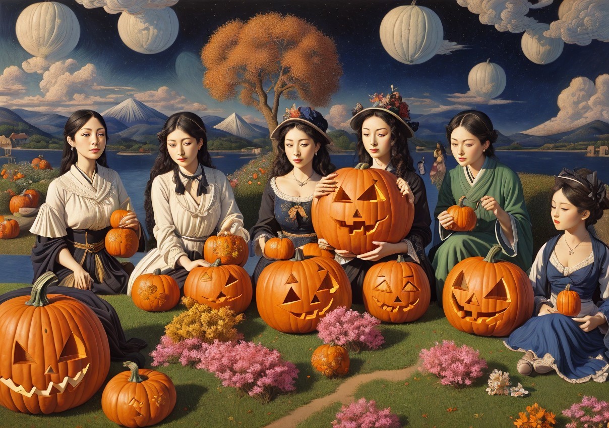 Women in Period Attire Carving Pumpkins in Autumn