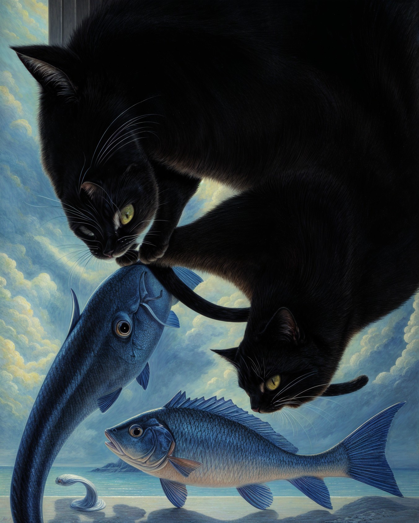 Surreal Interaction of Cats and Colorful Fish