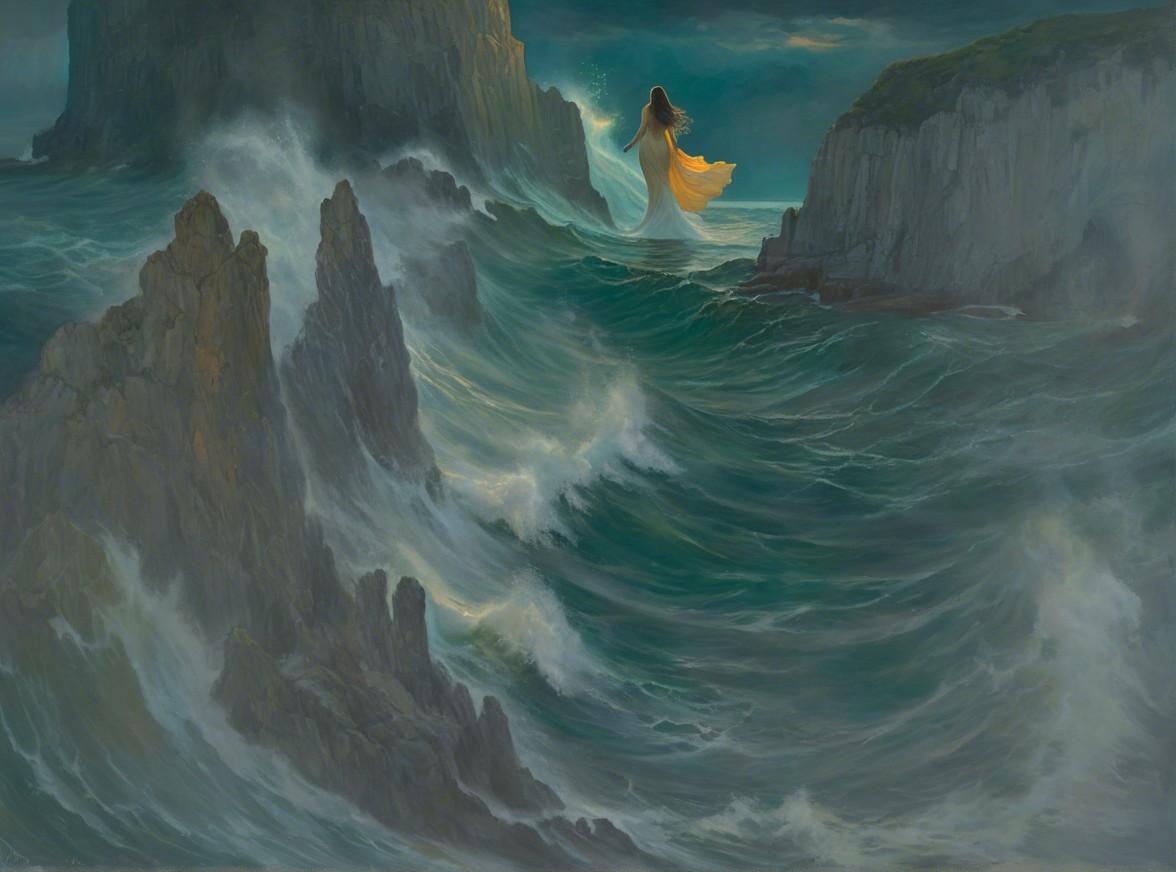 Ghostly Figure in White Gown Amidst Stormy Waves