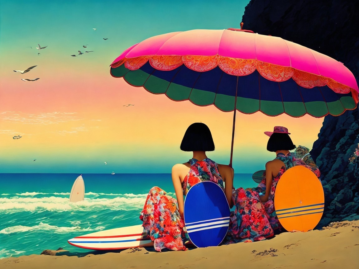 Women on Beach Under Pink Umbrella at Sunset