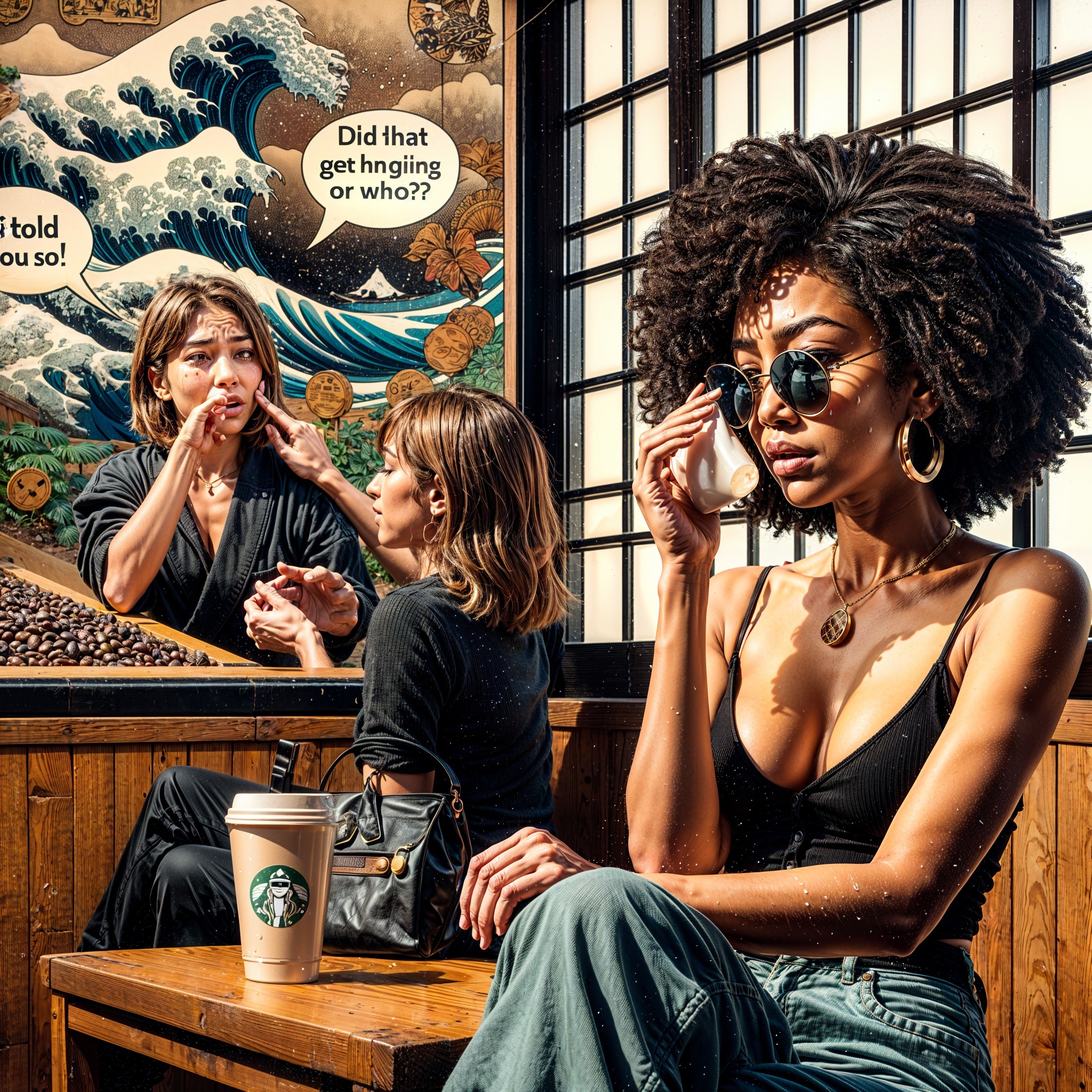 Cozy café scene with women enjoying drinks and art