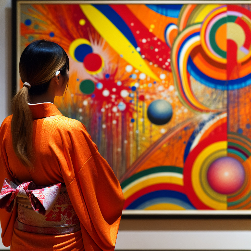 Woman in Orange Kimono in Front of Abstract Painting