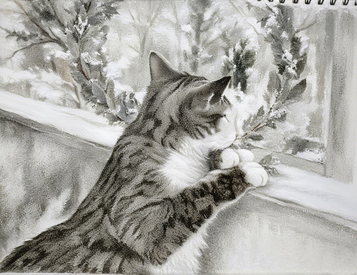 Tabby Cat on Windowsill Observing Snowy Landscape