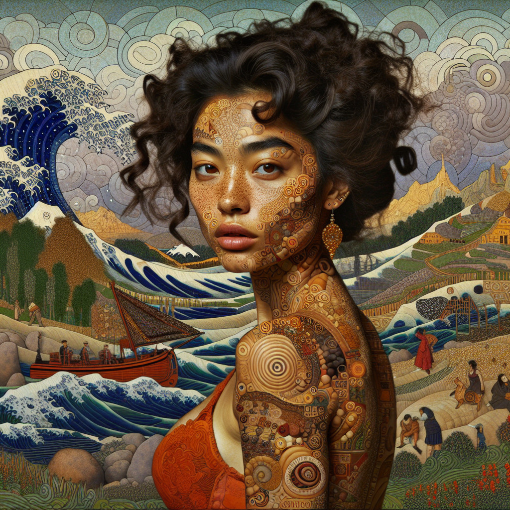 Portrait of a woman with patterned skin and red dress