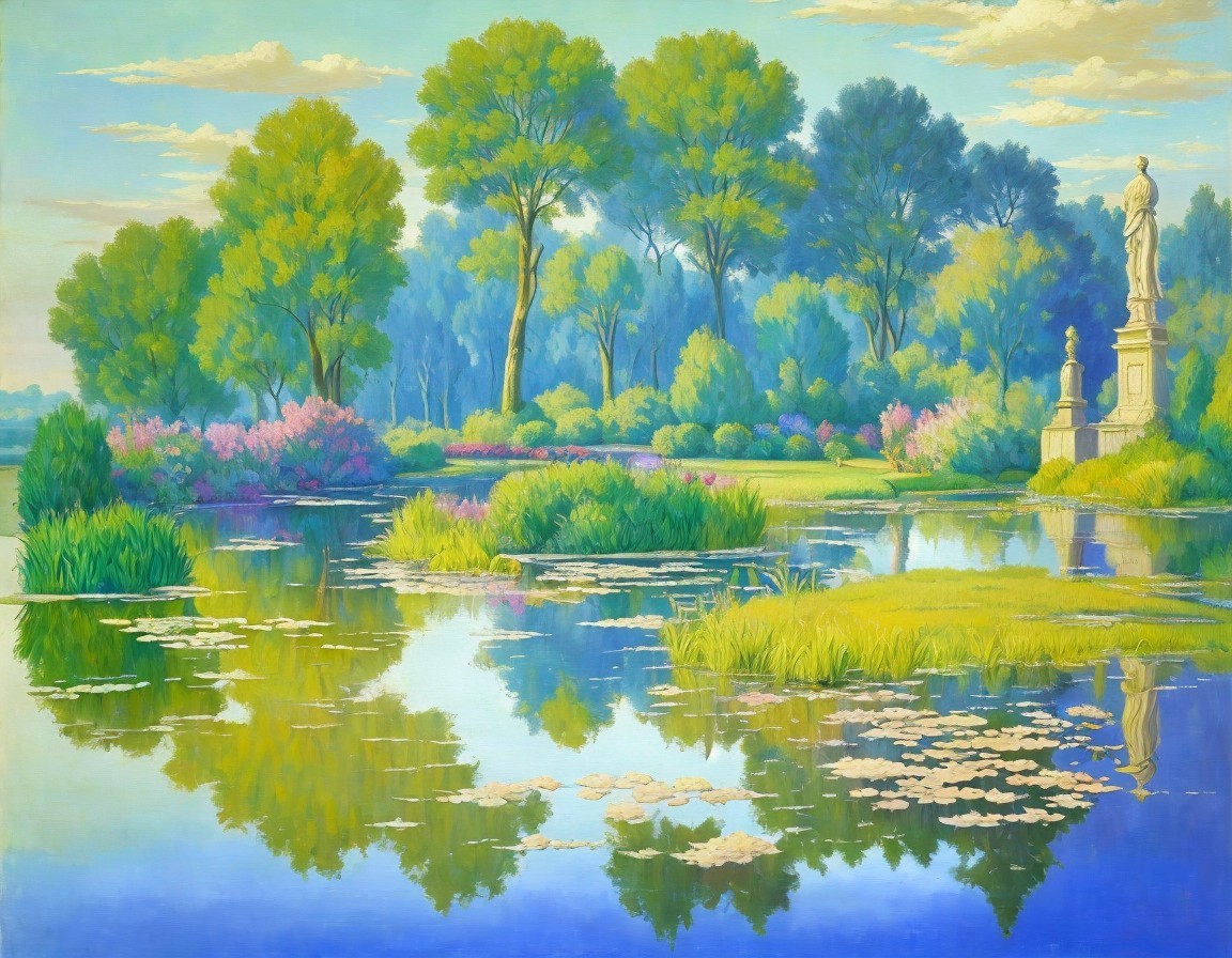 Tranquil Lake Surrounded by Lush Greenery and Statues