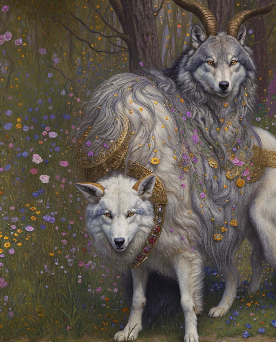 Majestic wolves in a mystical forest setting