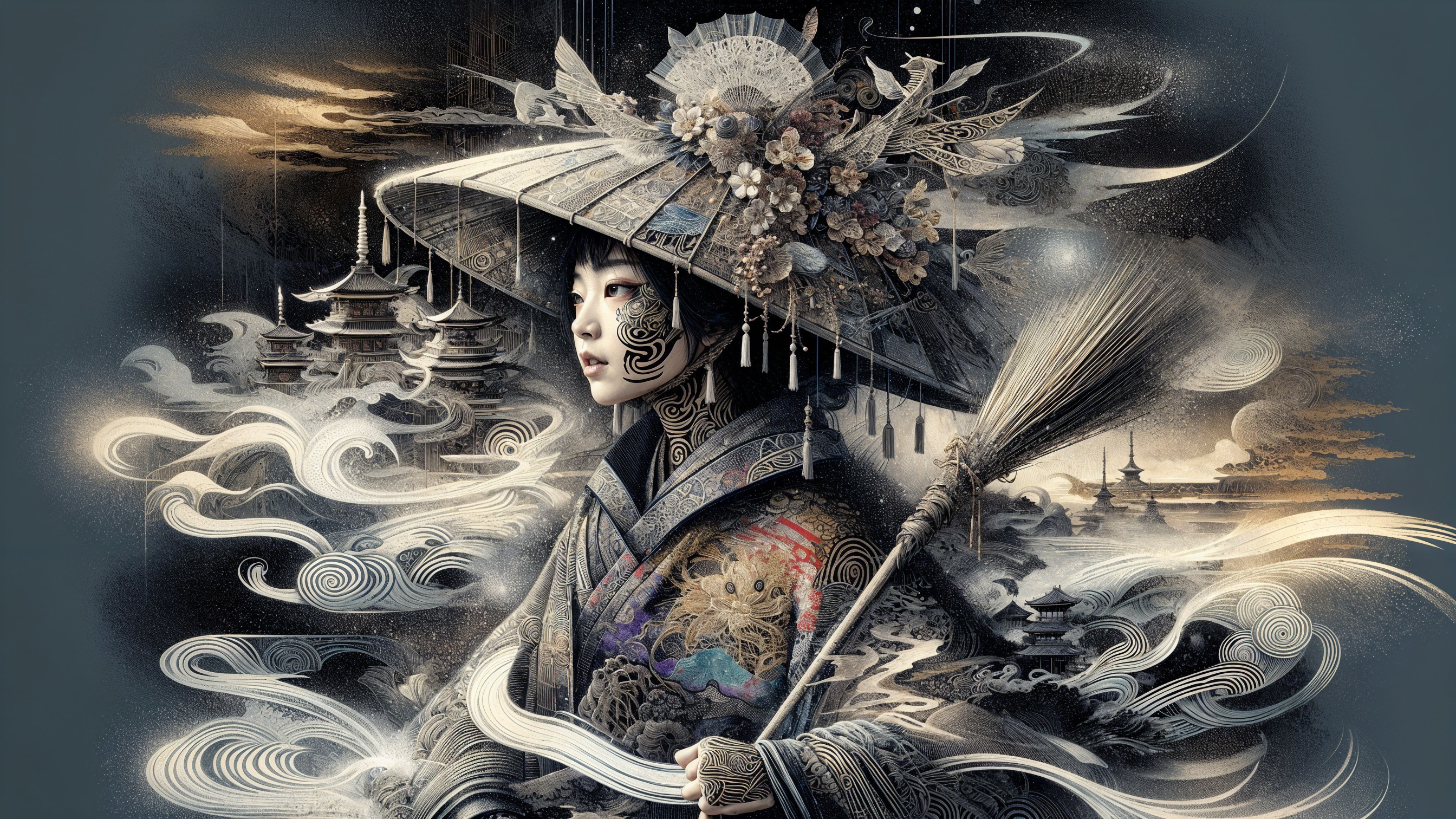 Mystical Figure in Elaborate Clothing and Clouds