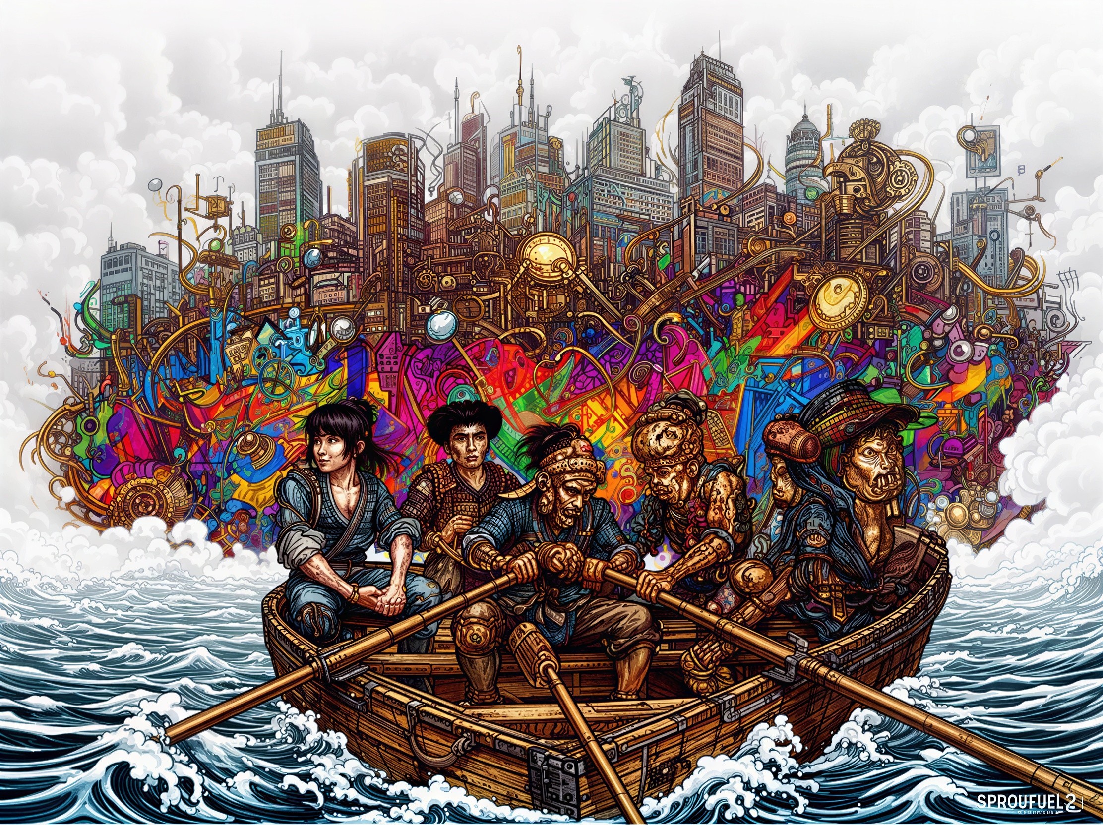 Digital painting of diverse crew in steampunk cityscape