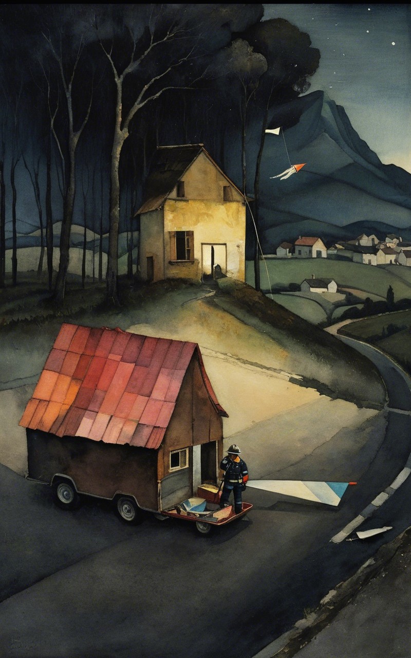 Twilight Landscape with Rustic House and Kites