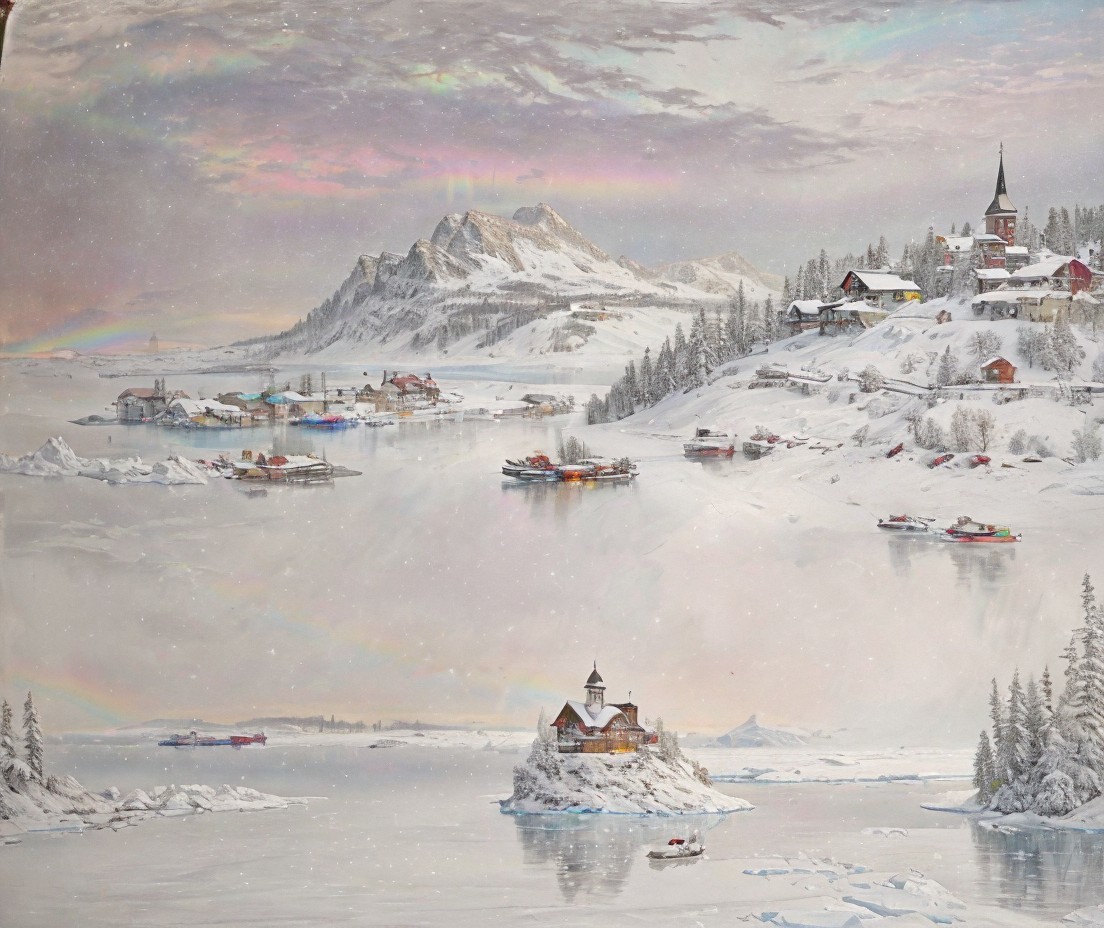 Serene Winter Landscape with Frozen Lake and Mountains