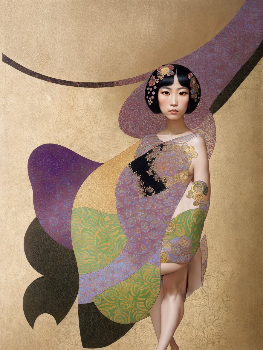 Stylized figure of a woman in patterned garment