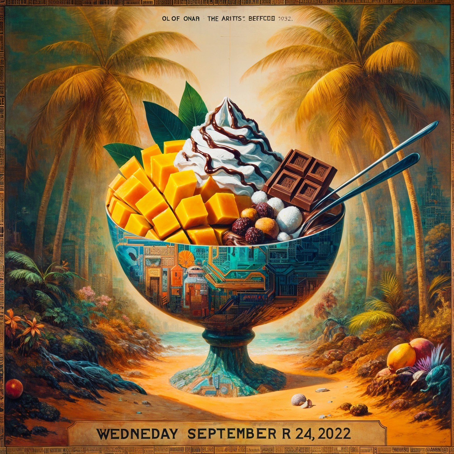 Tropical Scene with Mangoes and Chocolate Treats