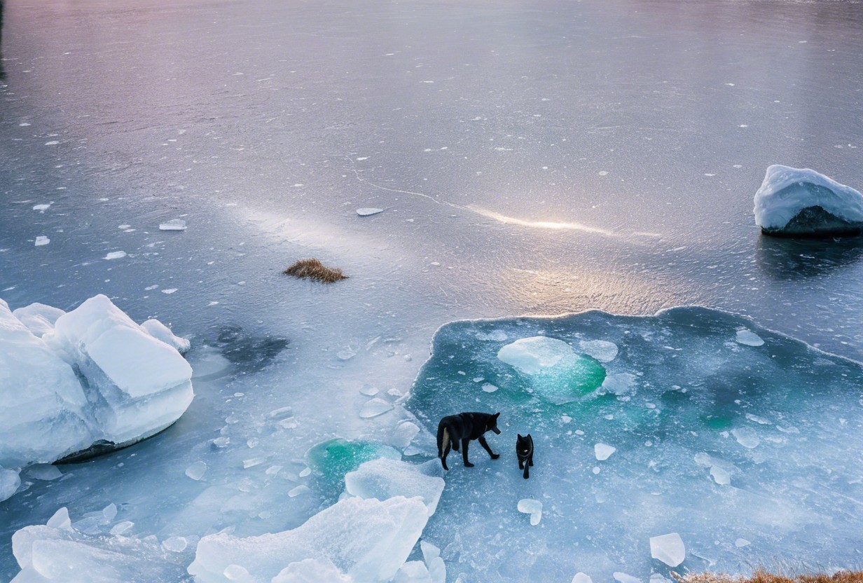 Serene Winter Landscape with Frozen Lake and Animals