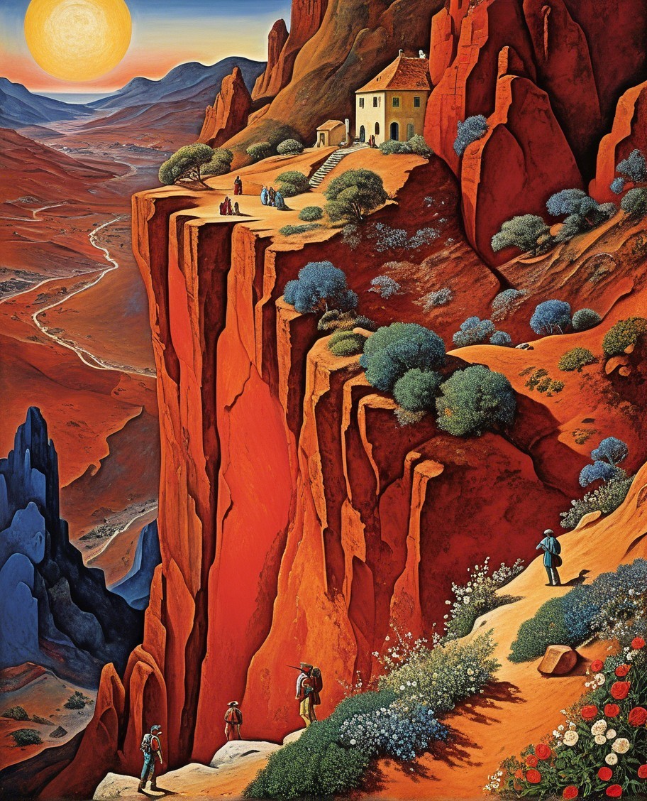 Vivid Landscape with Red Cliffs and Scenic Hikers