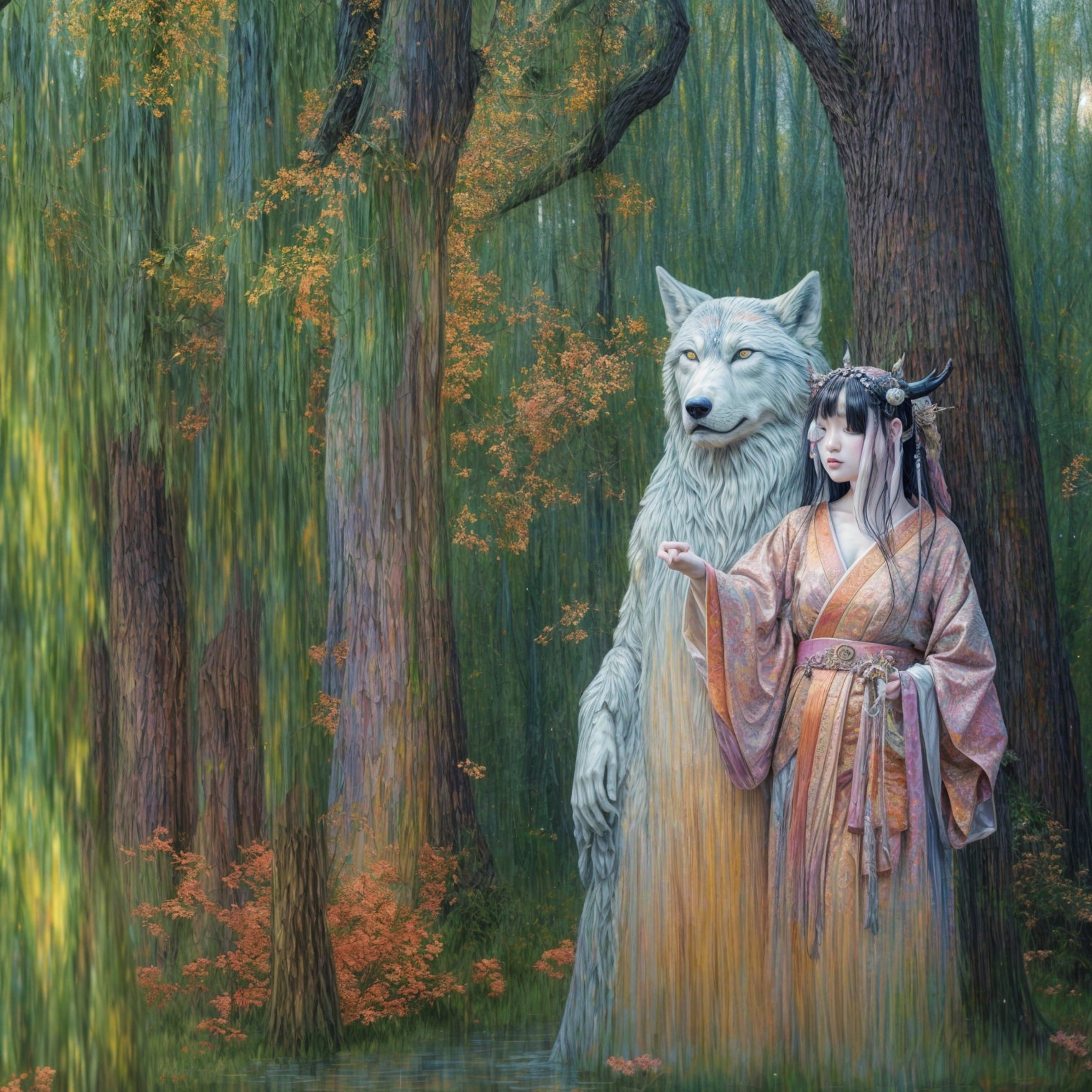 Mystical forest scene with woman and ethereal wolf