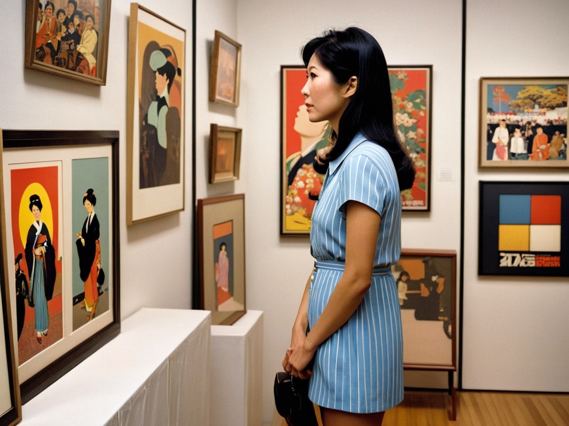 Woman in Blue Dress Observing Art in Modern Gallery
