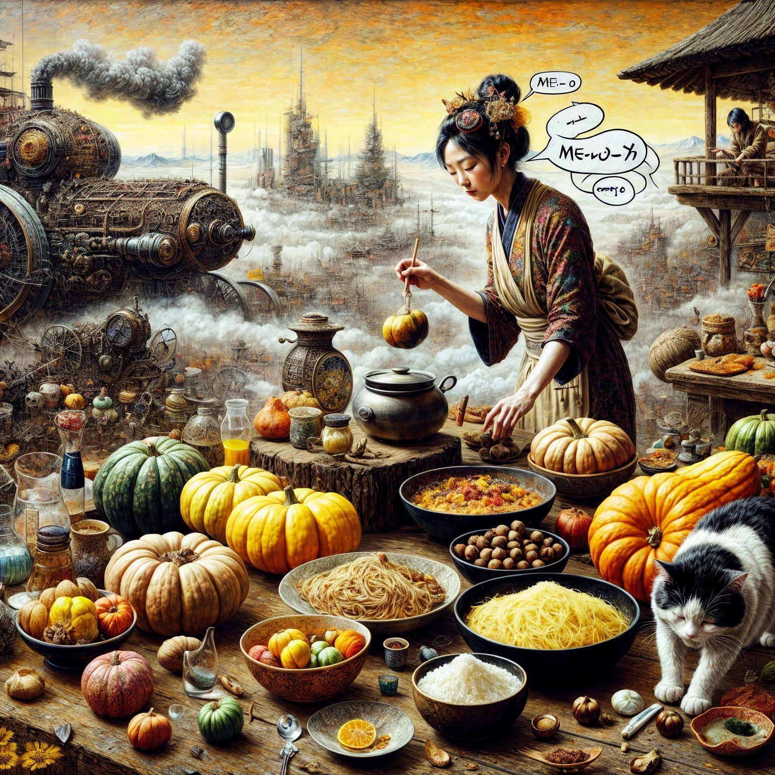 Woman in Traditional Attire Prepares Vibrant Food Spread