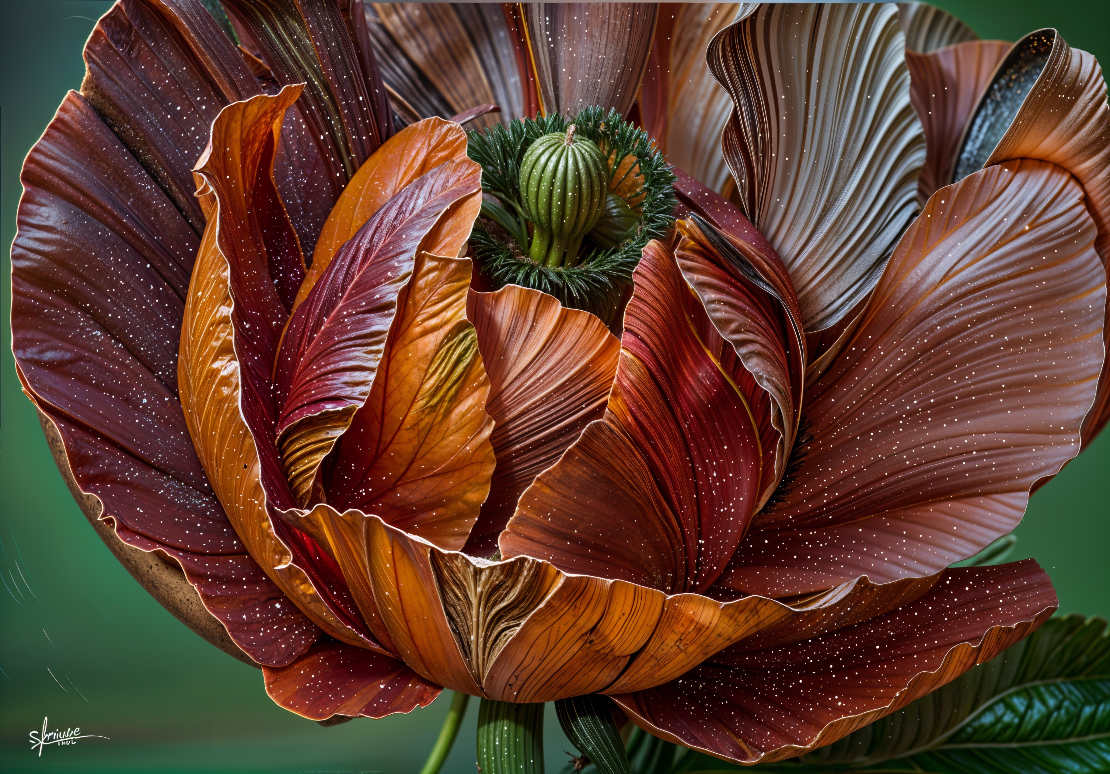 Intricately Layered Copper and Bronze Flower Description