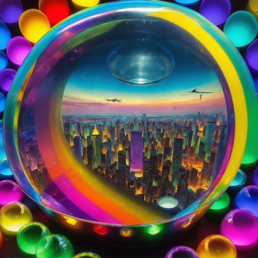 Futuristic cityscape in a transparent sphere with orbs