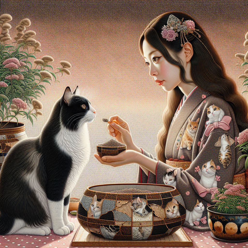 Young Woman in Kimono Feeding Cat in Serene Setting