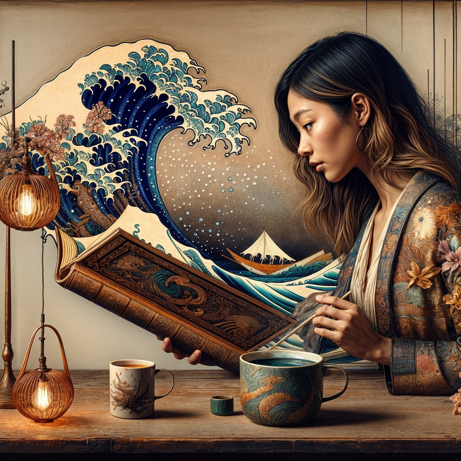 Woman with Book in Artistic Japanese-Inspired Setting