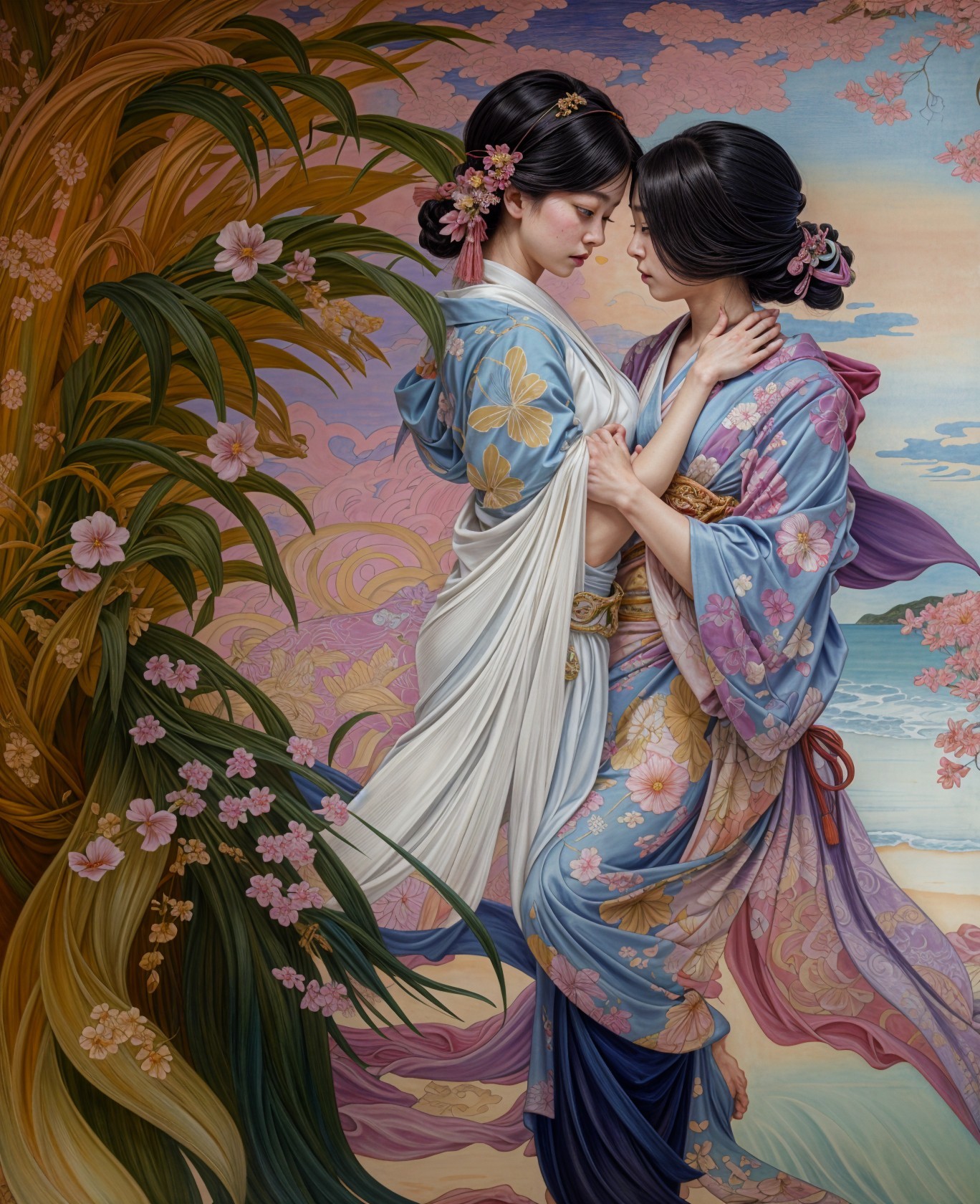 Artwork of Two Women in Kimonos Amid Cherry Blossoms