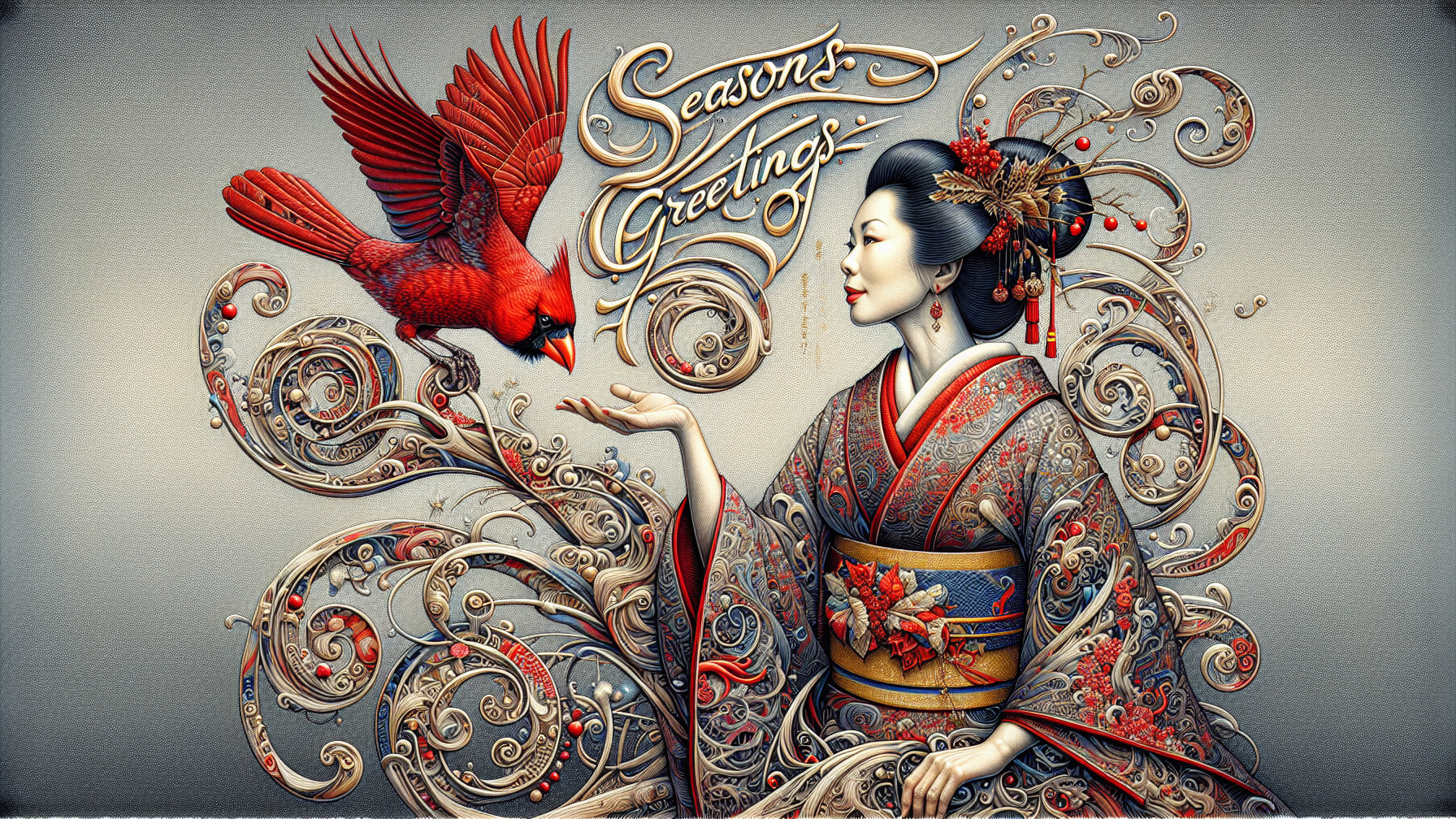 Ornate Digital Artwork of Japanese Woman and Cardinal