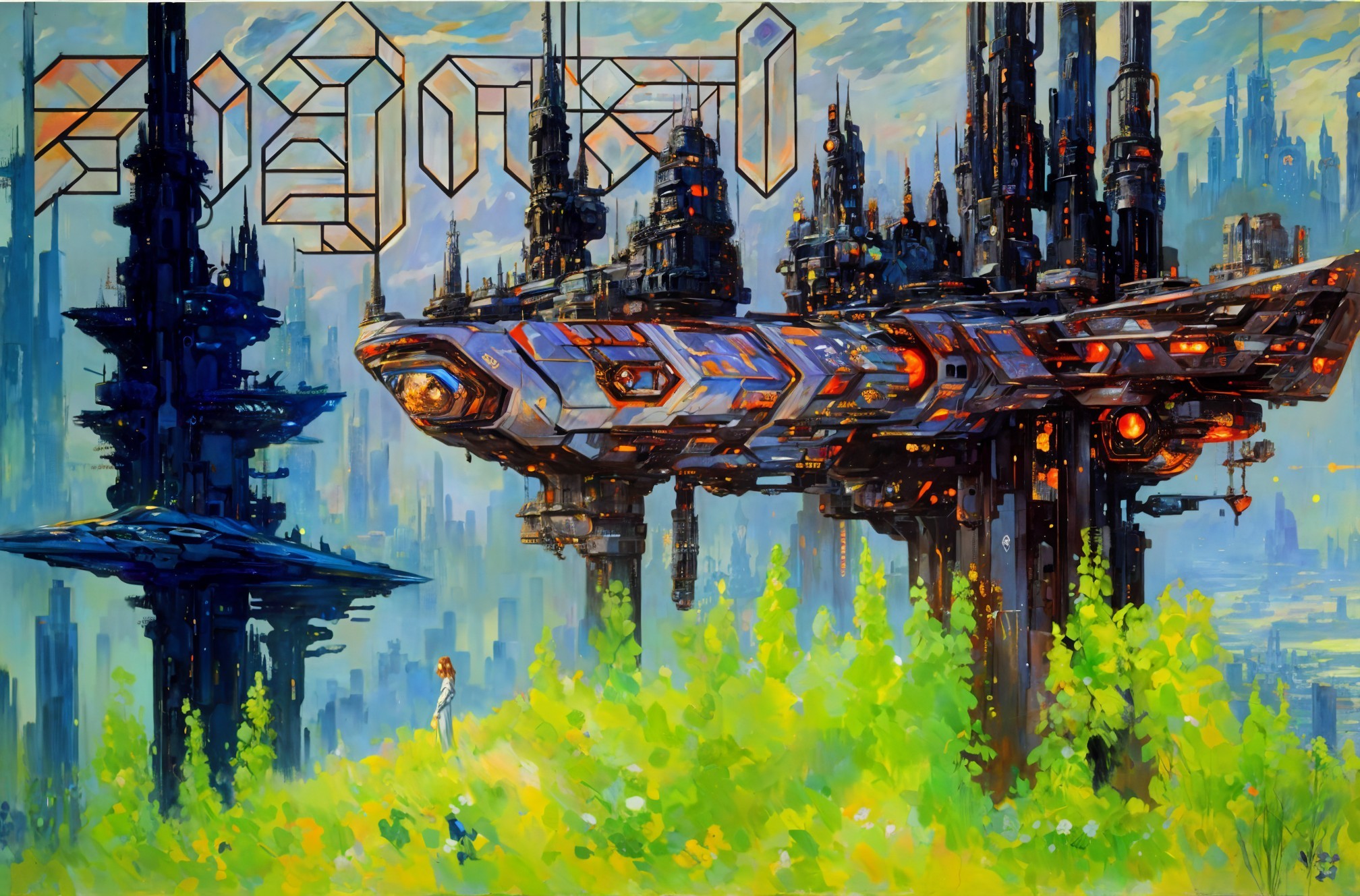 Futuristic landscape with spacecraft and towering structures