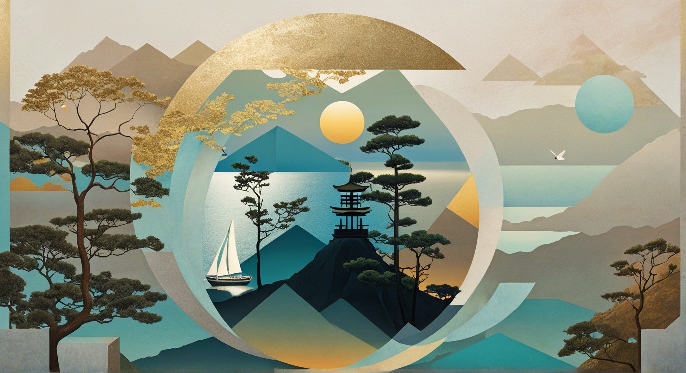 Serene Landscape with Geometric Shapes and Mountains
