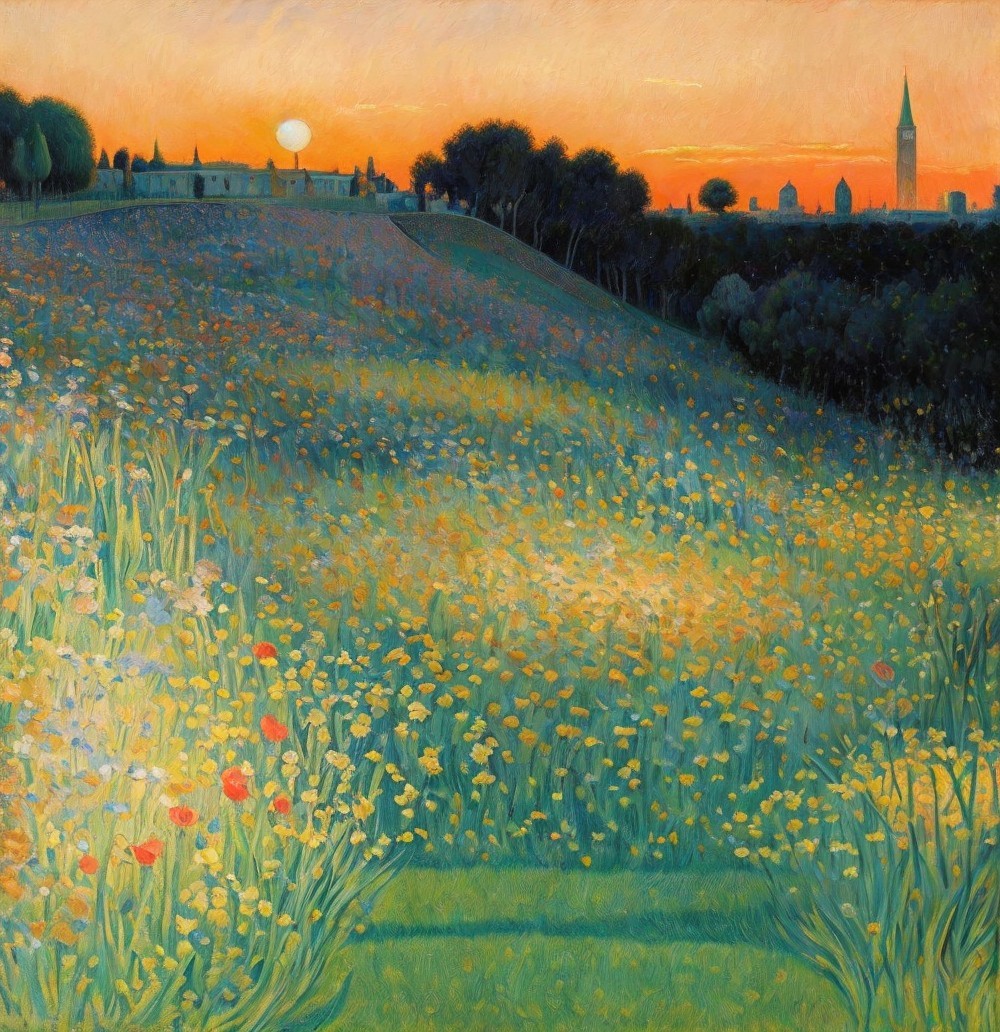 Vibrant Sunset Landscape with Colorful Wildflowers