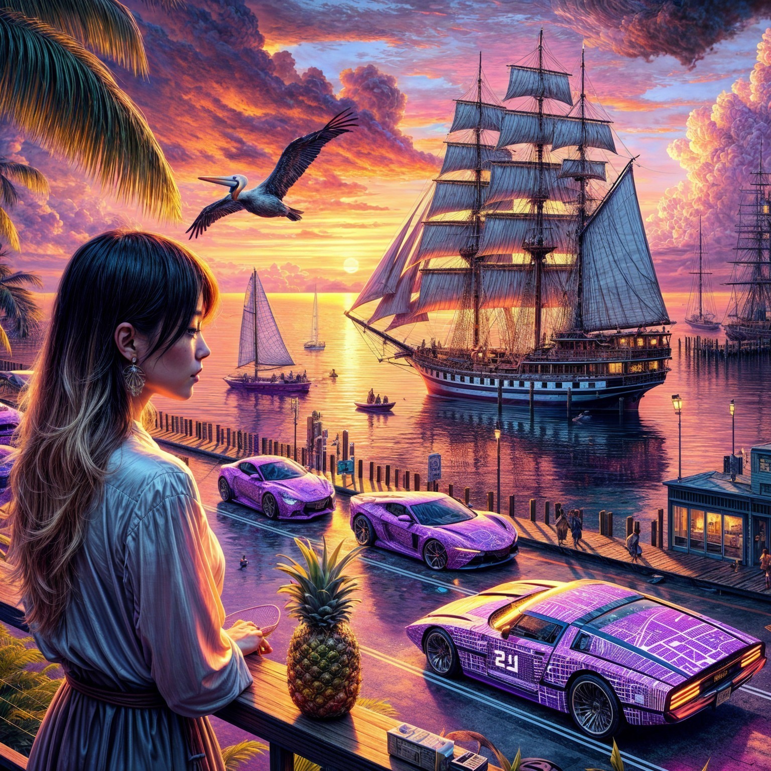 Vibrant Sunset Over Harbor with Tall Ship and Palm Trees