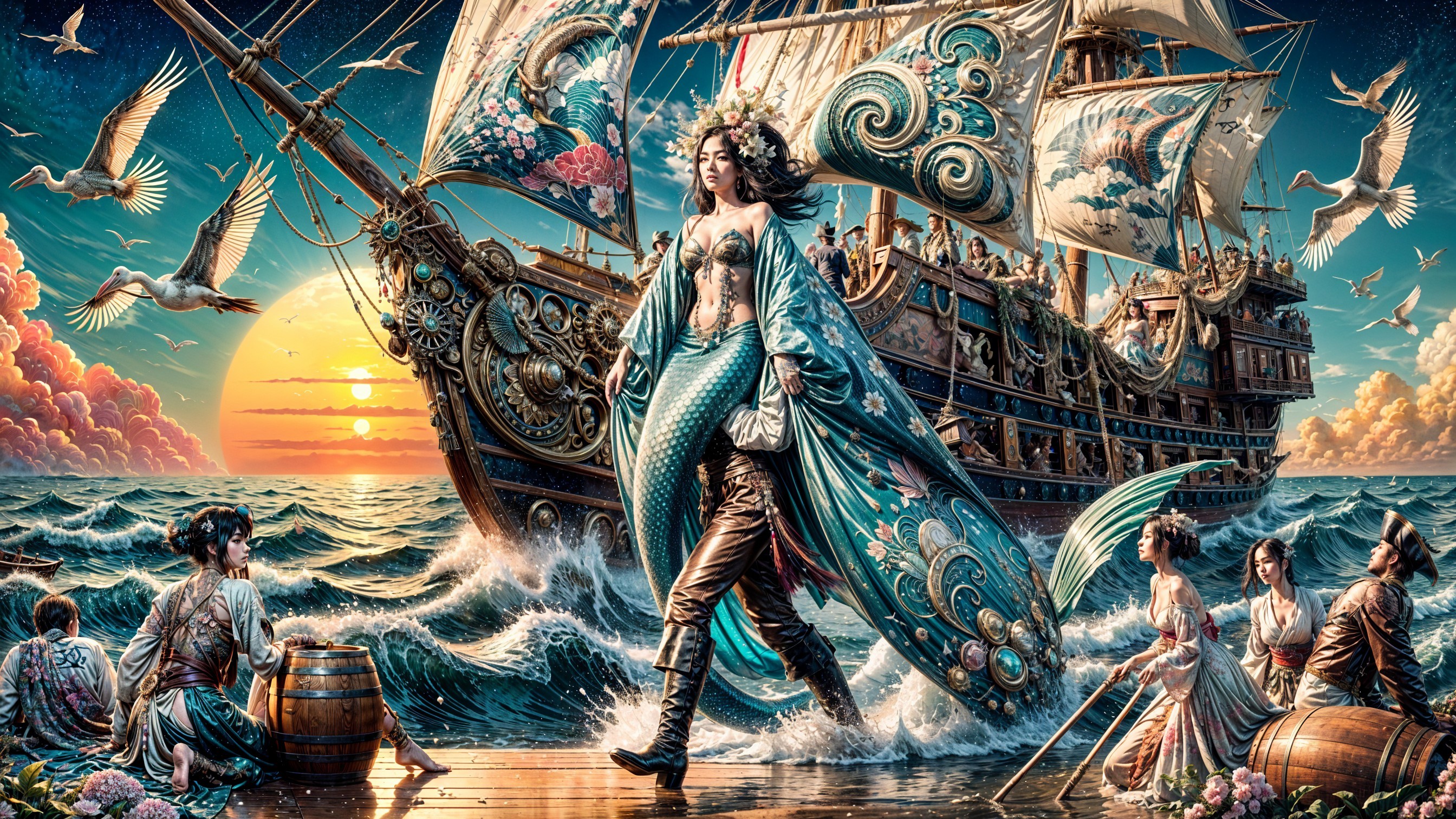 Mermaid Emerges from Ocean with Vibrant Sunset Backdrop