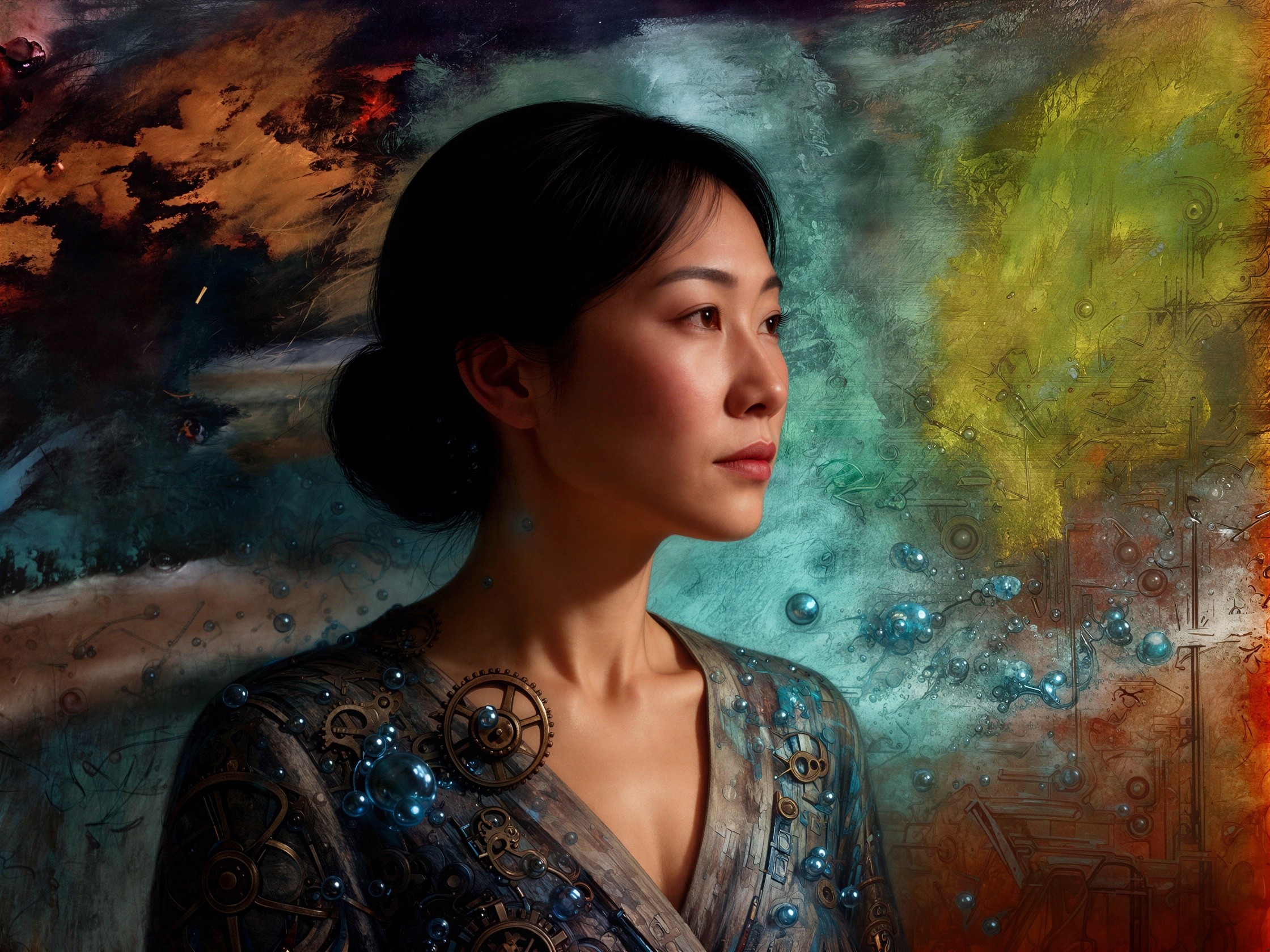 Asian Woman in Steampunk Dress Against Abstract Background